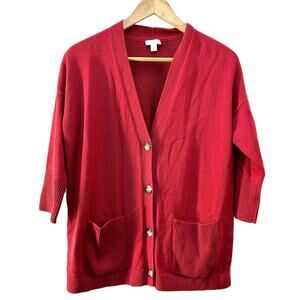 J. Jill Red Cardigan Knit Sweater Womens XS Cozy Button Front Classic 3/4 Sleeve